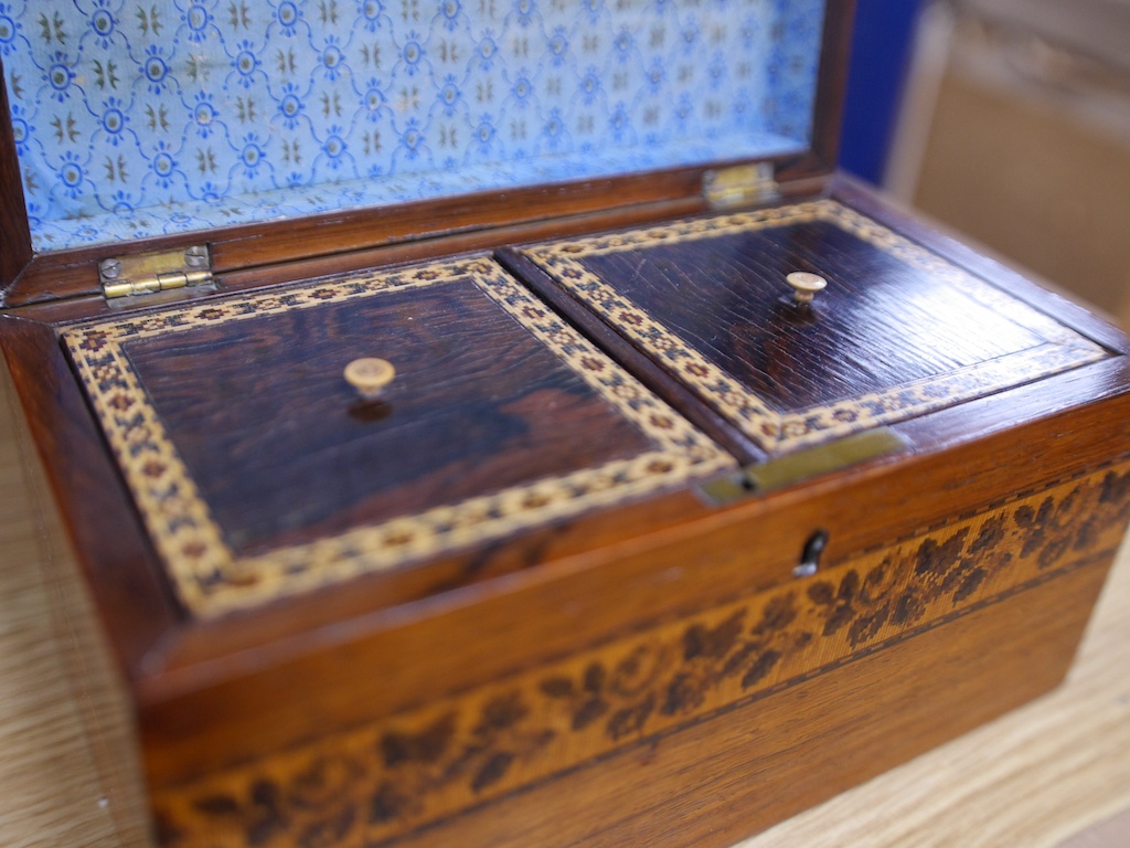 A Victorian Tunbridgeware rosewood tea caddy, 22cm wide. Condition - fair to good, some minor cracking